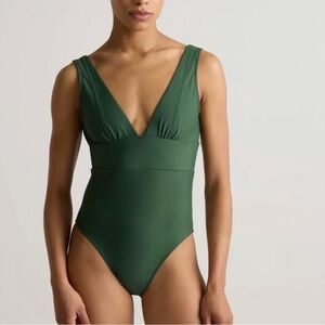 Quince Italian plunge Deep Green V-Neck One-Piece Swimsuit NWT M